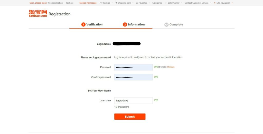 Choose a username and password for taobao